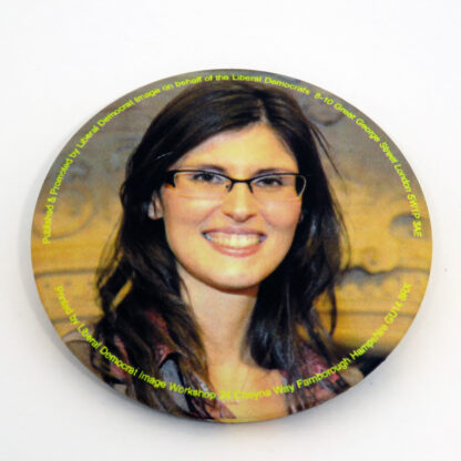 Round badge with picture of Layla Moran