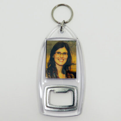 Keyring with clear plastic bottle opener fob with picture of Layla Moran