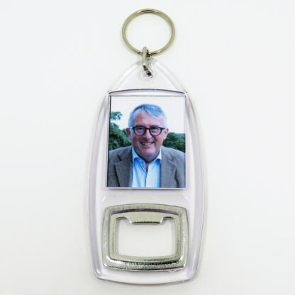 Keyring with clear plastic bottle opener fob with picture of Jamie Stone