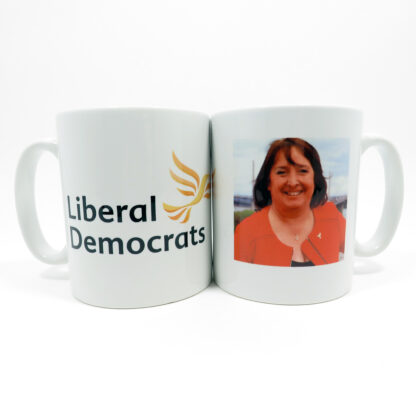 White mug with picture of Christine Jardine and Lib Dem name and logo
