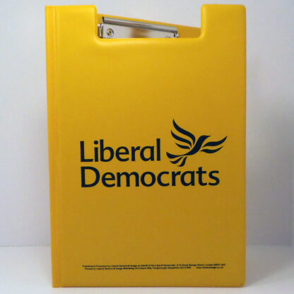 Yellow foldover clipboard with Lib Dem name and logo