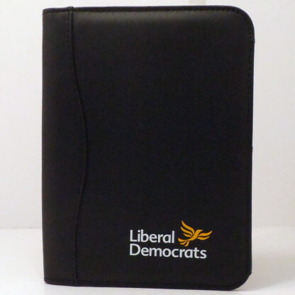 Black folder with Lib Dem name and logo