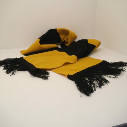 Black and yellow striped scarf with black fringing